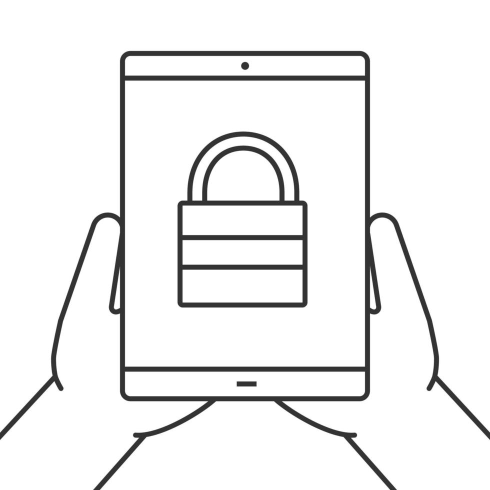 Hands holding tablet computer linear icon. Cyber security. Thin line illustration. Tablet computer with closed padlock. Contour symbol. Vector isolated outline drawing