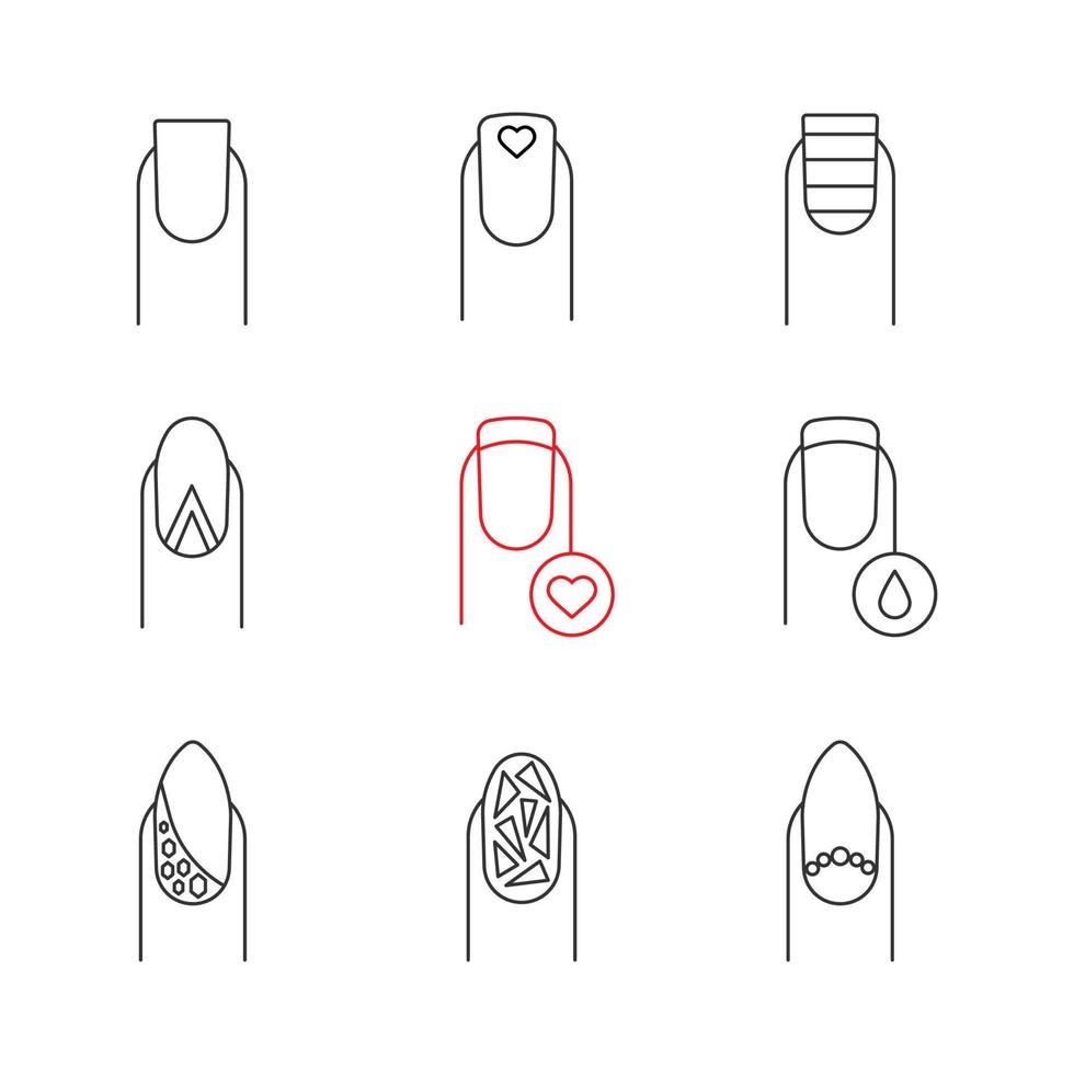 Manicure linear icons set. Thin line contour symbols. Square shaped, almond moon, broken glass manicure. Nails with liquid drop and heart shape. Isolated vector outline illustrations