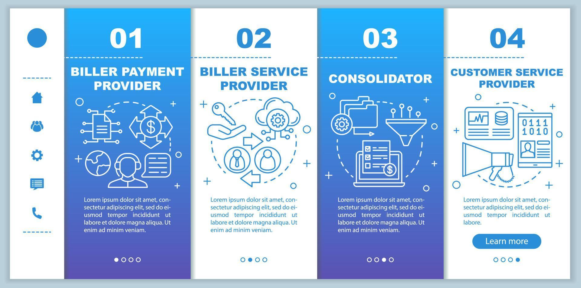 Online billing provider onboarding mobile web pages vector template. Responsive smartphone website interface idea with linear illustrations. Webpage walkthrough step screens. Color concept