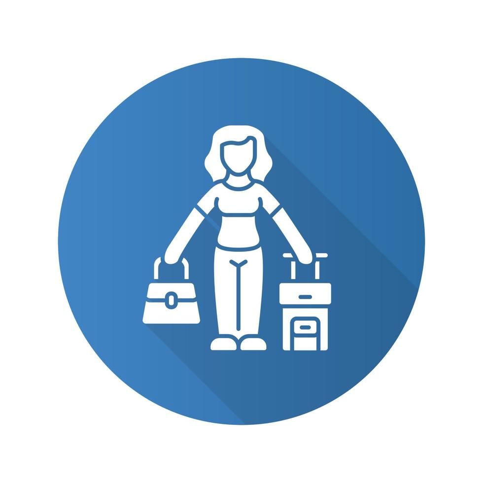 Immigrant woman blue flat design long shadow glyph icon. Traveler, holidaymaker, passenger with handbag and suitcase. Travelling abroad. Tourist trip. Holiday, tourism. Vector silhouette illustration