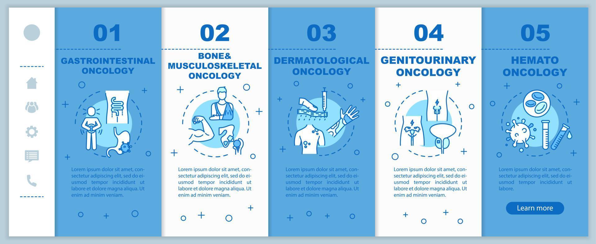 Oncology onboarding vector template. Bone and musculoskeletal cancer. Responsive mobile website with icons. Gastrointestinal oncology. Webpage walkthrough step screens. RGB color concept