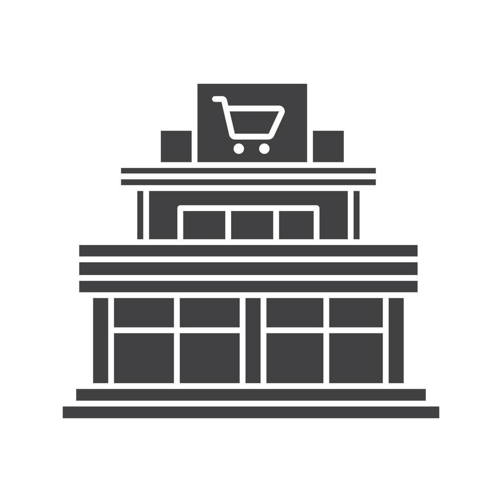 Shopping center glyph icon. Supermarket. Silhouette symbol. Mall building. Negative space. Vector isolated illustration