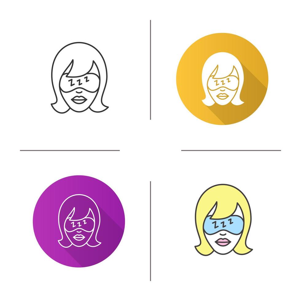 Sleeping woman icon. Flat design, linear and color styles. Woman's face with sleeping mask. Dense bandage on eyes. Isolated vector illustrations