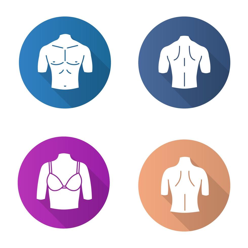 Conjunto de iconos de glifo de larga sombra de diseño plano de partes del cuerpo. espaldas masculinas y femeninas, torso musculoso, pecho de mujer. ilustración de silueta de vector