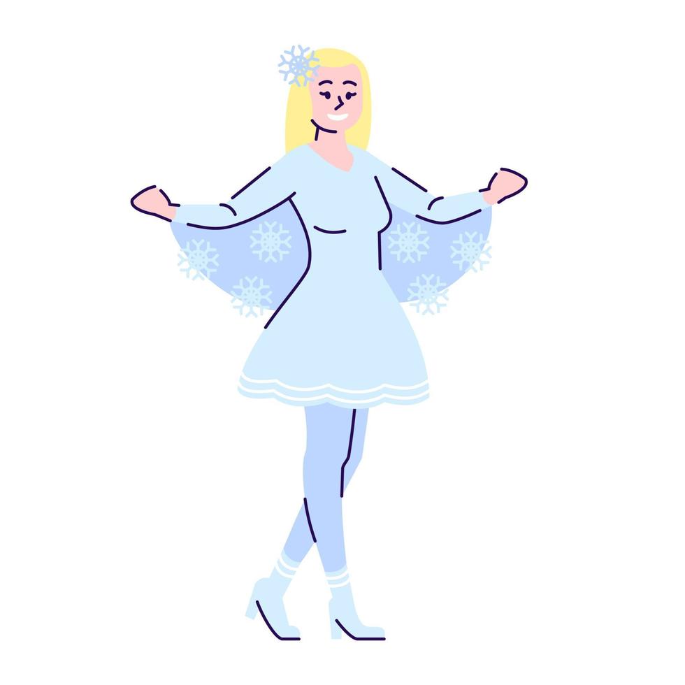 chica vestida con ilustración de vector plano de traje de copo de nieve. Personaje de dibujos animados de temporada de invierno con elementos de contorno aislados sobre fondo blanco. atuendo navideño festivo. disfraz de carnaval de navidad