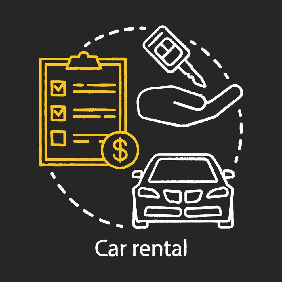 Car rental chalk icon. Automobile rent, leasing. Auto hire. Comfortable traveling, road trip. Summer tourism. Vacation car. Personal auto transport. Isolated vector chalkboard illustration