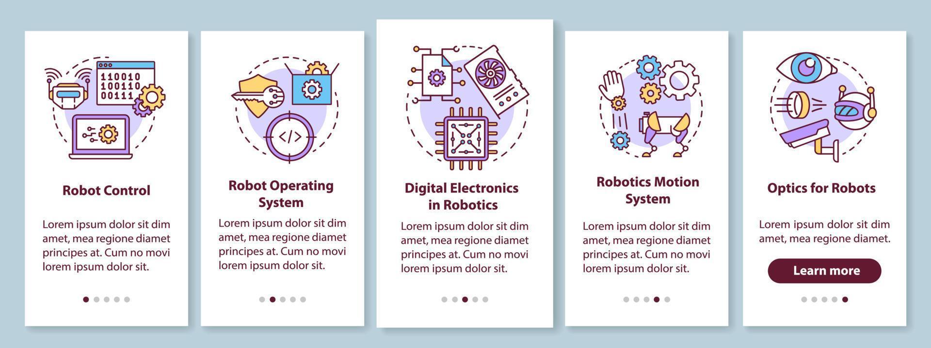 Robotics courses onboarding mobile app page screen with linear concepts. Robots learning and development walkthrough steps graphic instructions. UX, UI, GUI vector template with illustrations