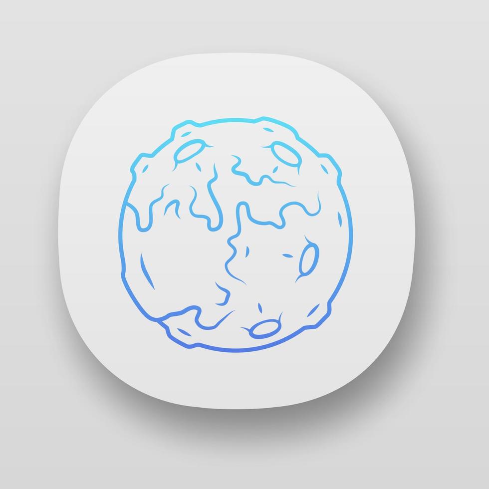 Moon app icon. Earth satellite. Fantastic planet with volcanoes. Solar system body. Astronomic. Space exploration. Web or mobile applications. Vector isolated illustrations
