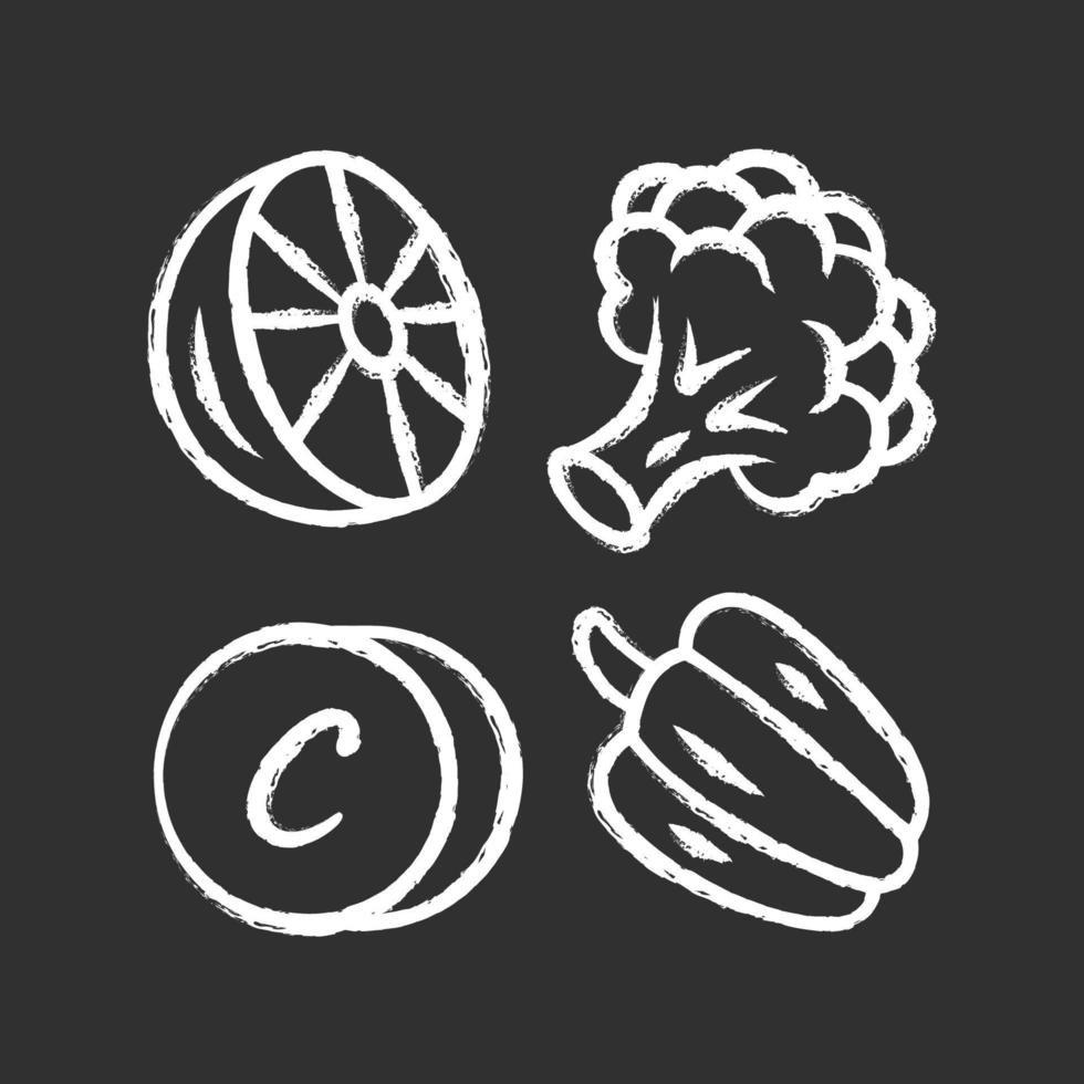 Vitamin C chalk icon. Lemon, broccoli and bell pepper. Healthy eating. Ascorbic acid natural food source. Vegetables. Proper nutrition. Minerals, antioxidants. Isolated vector chalkboard illustration