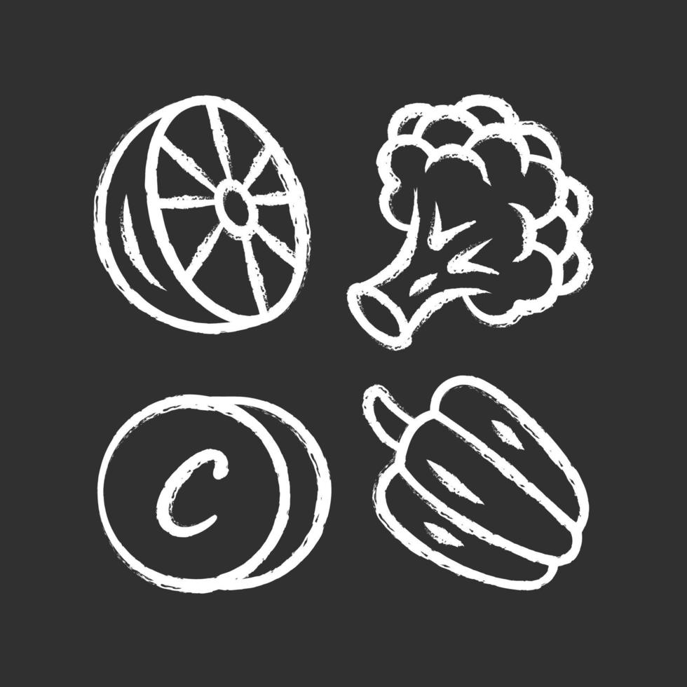 Vitamin C chalk icon. Lemon, broccoli and bell pepper. Healthy eating. Ascorbic acid natural food source. Vegetables. Proper nutrition. Minerals, antioxidants. Isolated vector chalkboard illustration