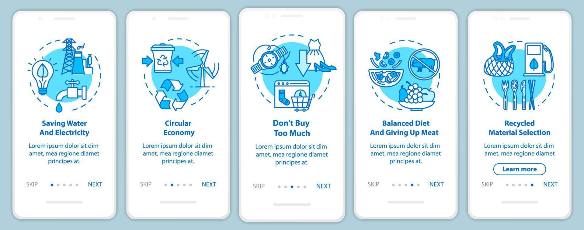 Responsible consumption onboarding mobile app page screen with concepts. Recycle, ecology. Consumerism walkthrough 5 steps graphic instructions. UI vector template with RGB color illustrations