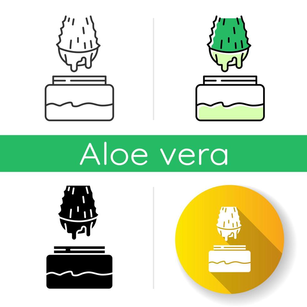 Aloe vera extract icon. Medicinal herb juice in jar. Organic plant based cosmetic. Vegan product. Healthy skincare, dermatology. Linear black and RGB color styles. Isolated vector illustrations