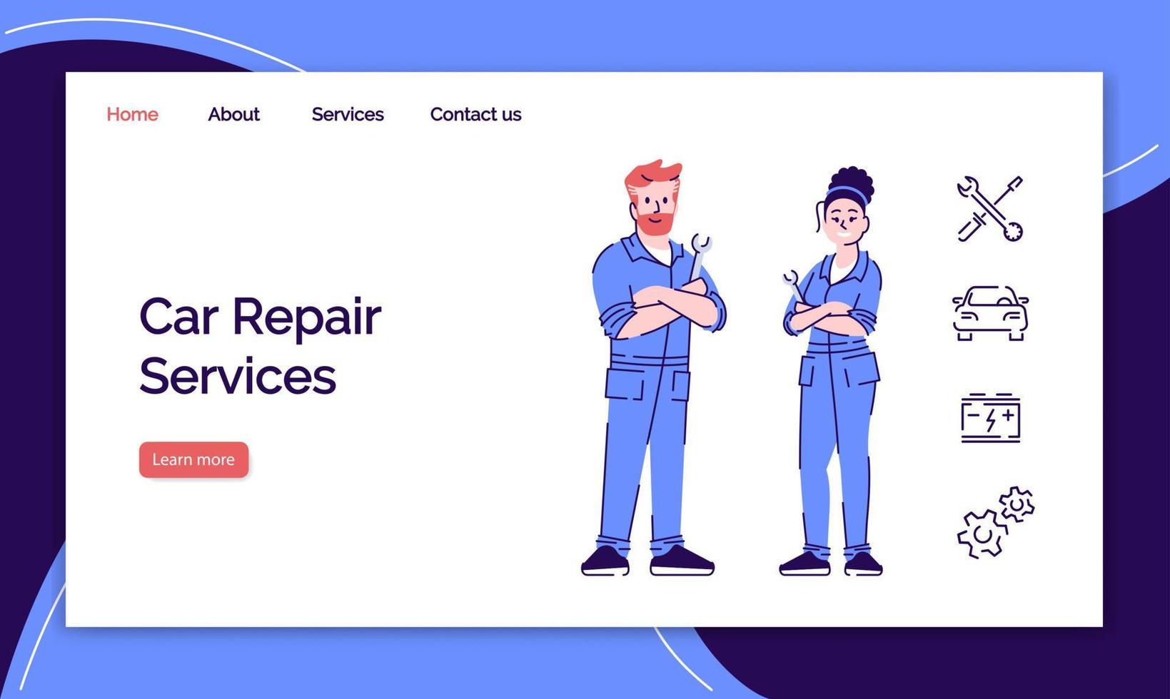 Car repair service landing page vector template. Auto workshop website interface with flat illustrations. Automobile maintenance homepage layout. Auto technician web banner, webpage cartoon concept