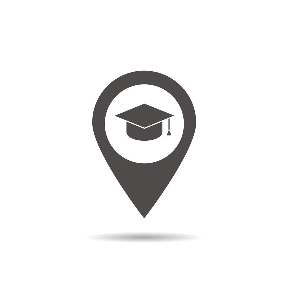 University location icon. Drop shadow map pointer silhouette symbol. Student's hat pinpoint. College nearby. Vector isolated illustration