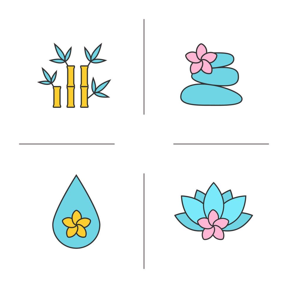 conjunto de iconos de color de salón de spa. aromaterapia. masaje con piedras, gota de aceite aromático, flores de spa y bambú. ilustraciones vectoriales aisladas vector