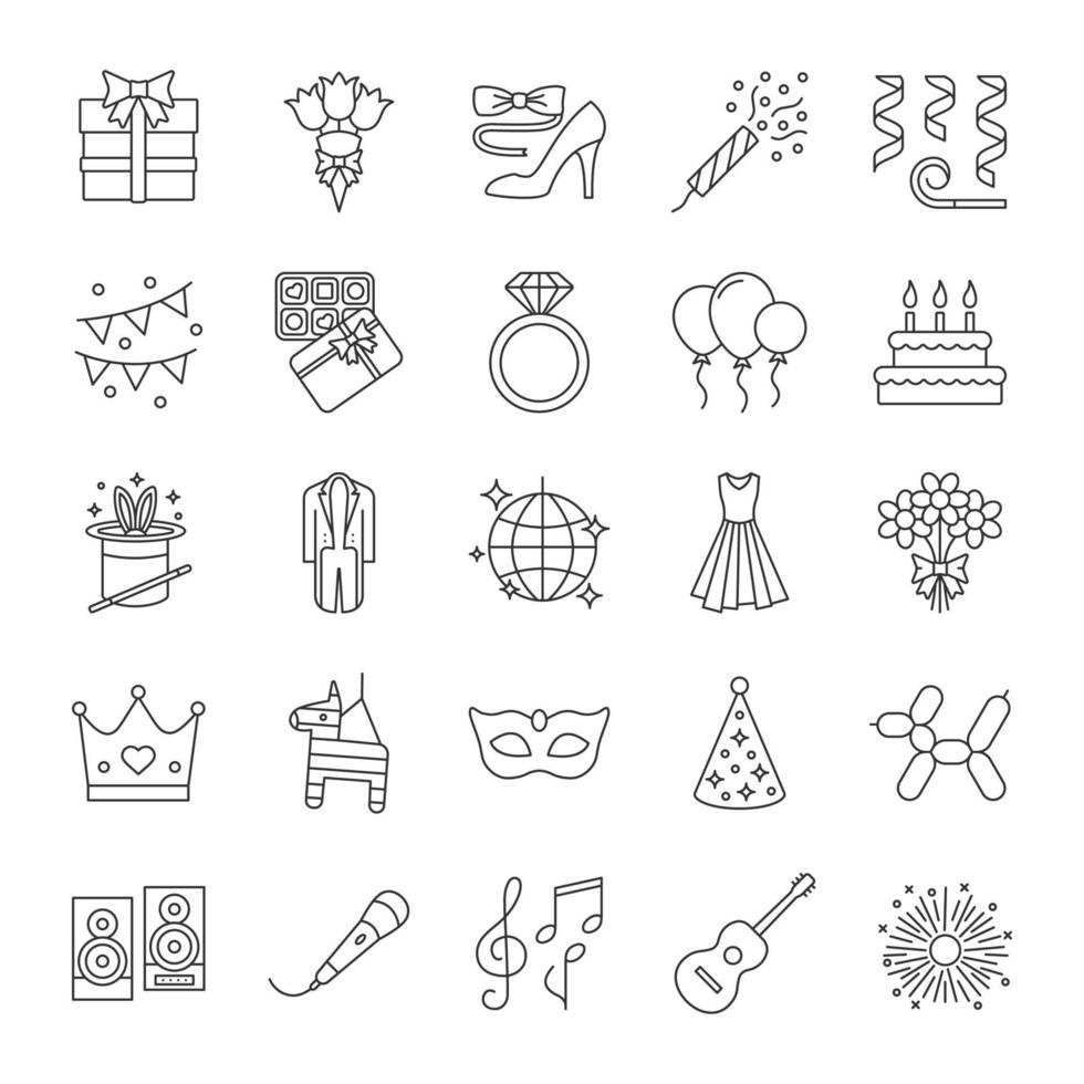 Holiday accessories linear icons set. Birthday party items. Thin line contour symbols. Celebration. Isolated vector outline illustrations