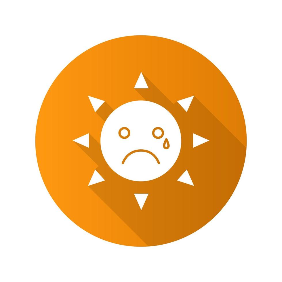 Teary sun smile flat design long shadow glyph icon. Bad mood. Sad, crying smiley face. Vector silhouette illustration