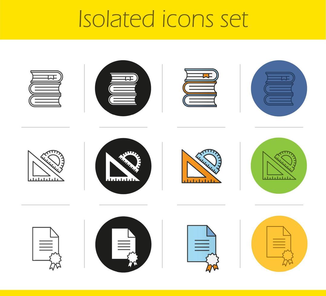 School and education icons set. Linear, black and color styles. Books stack, certificate, school rulers. Isolated vector illustrations