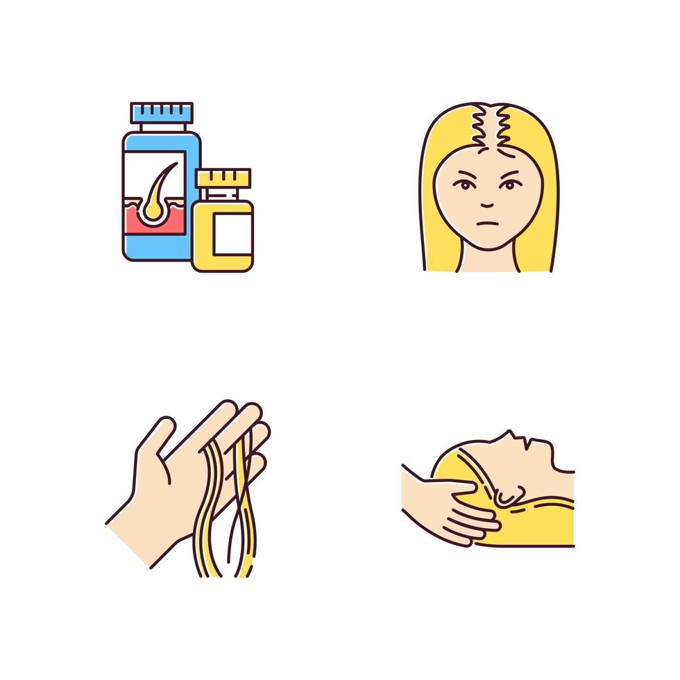 Hair loss RGB color icons set. Female baldness. Alopecia treatment. Woman with thinning hair. Strands of hair on hand. Physiotherapy, vitamin supplements. Isolated vector illustrations