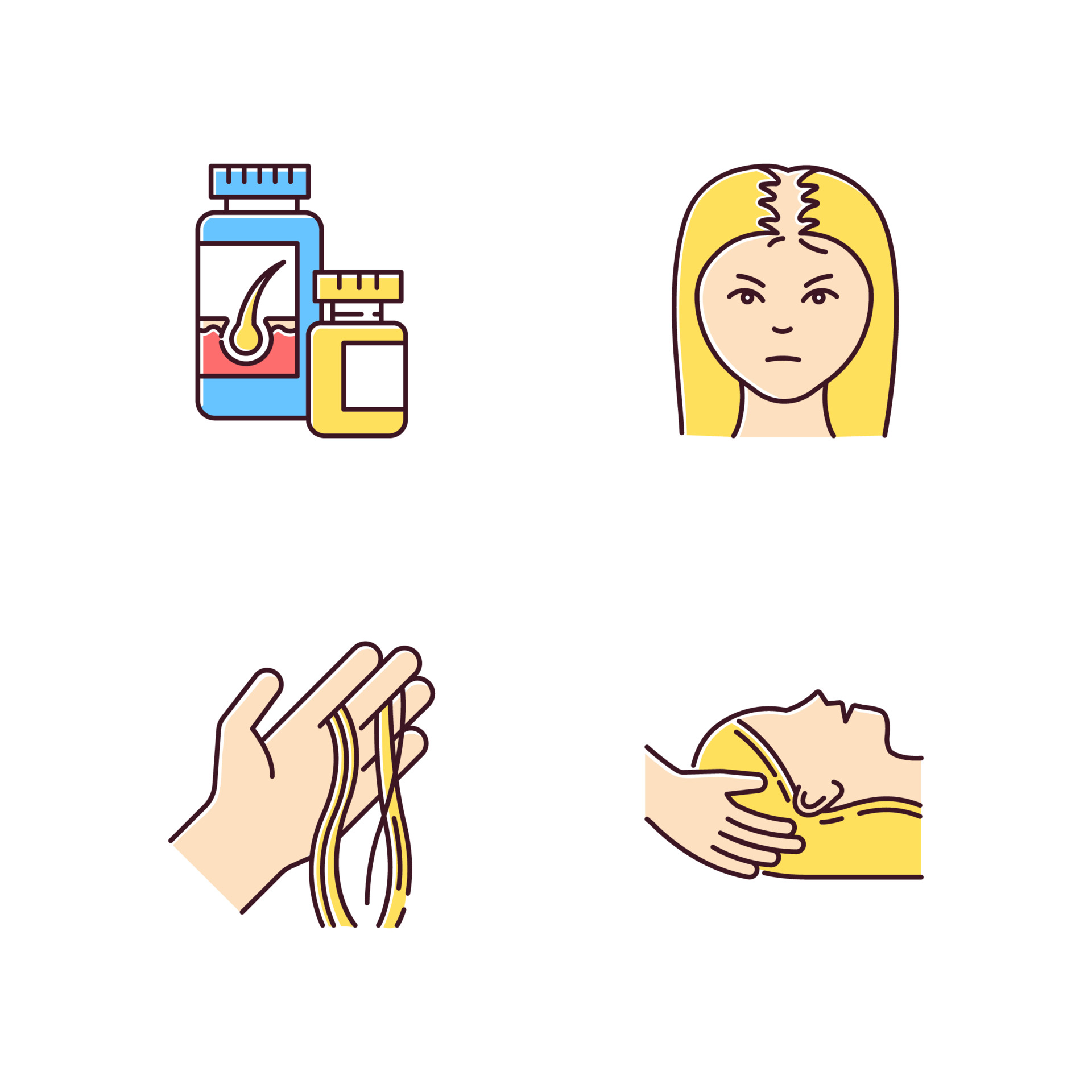 Hair loss RGB color icons set. Female baldness. Alopecia treatment. Woman with thinning hair. Strands of hair on hand. Physiotherapy, vitamin supplements. Isolated vector illustrations 3768029 Vector Art at Vecteezy Hair loss RGB color icons set. Female baldness. Alopecia treatment. Woman with thinning hair. Strands of hair on hand. Physiotherapy, vitamin supplements. Isolated vector illustrations 3768029 Vector Art at Vecteezy