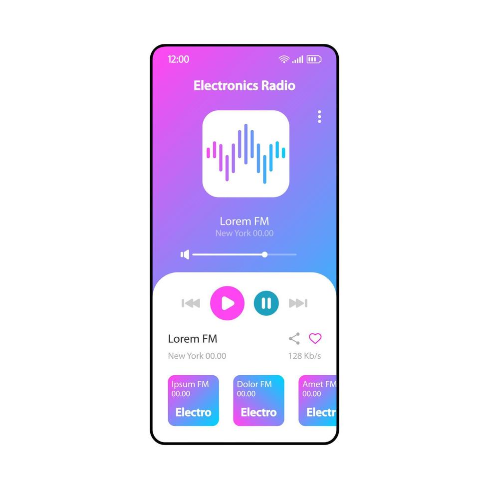 Electronic music radio smartphone interface vector template. Mobile music player app page neon blue design layout. Modern songs, tracks albums listening screen. Flat UI for application. Phone display