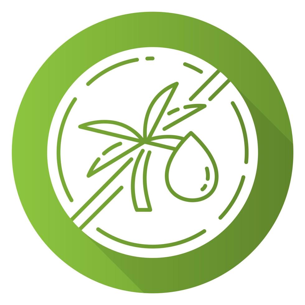 Icono de glifo de sombra larga de diseño plano verde libre de aceite de palma. alimentos orgánicos sin grasas saturadas. ingrediente libre de producto. Dieta nutritiva, hábitos alimenticios saludables. ilustración de silueta de vector