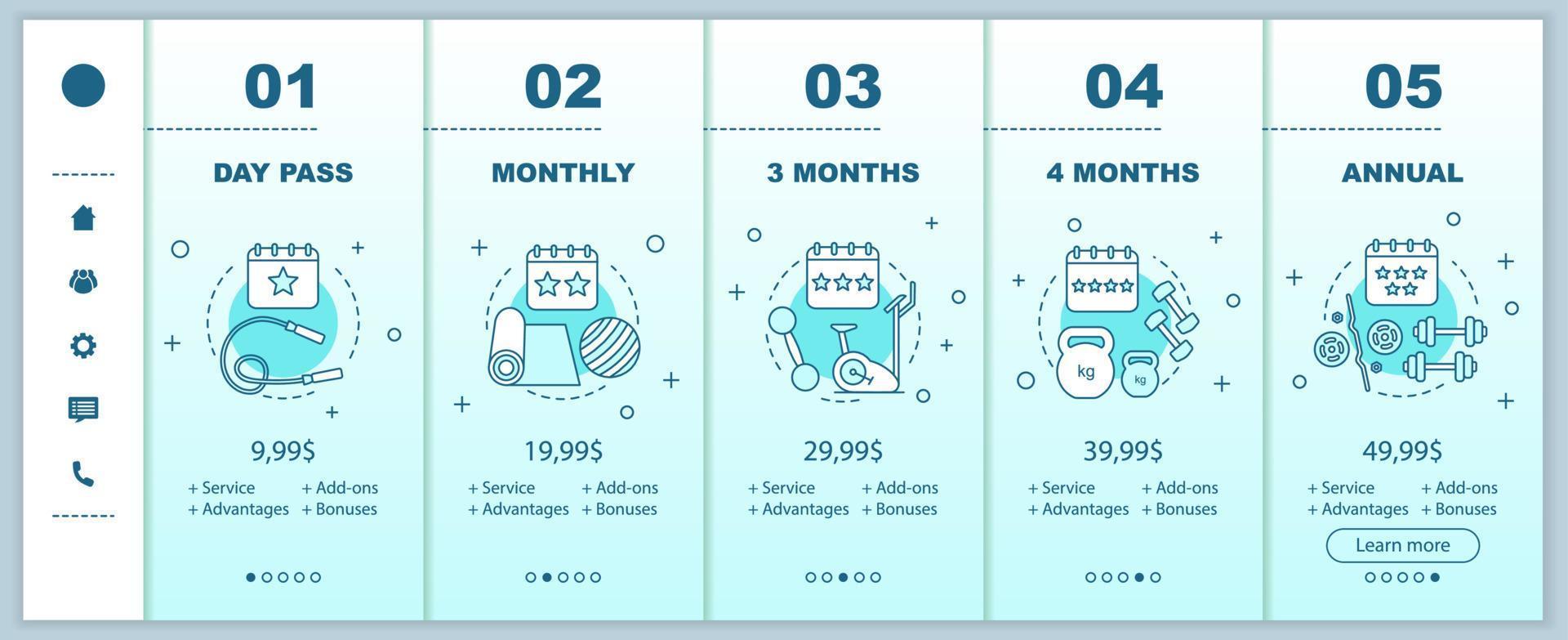 Fitness and health center membership onboarding mobile app screens with service prices vector