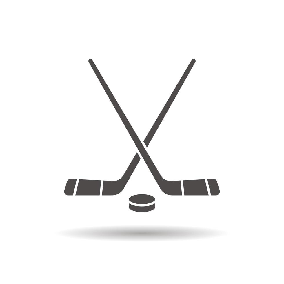 Hockey game equipment icon. Drop shadow silhouette symbol. Hockey sticks and puck. Negative space. Vector isolated illustration