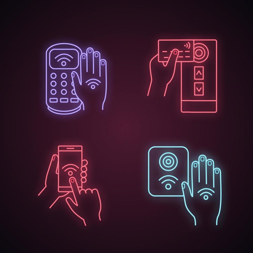 NFC technology neon light icons set vector