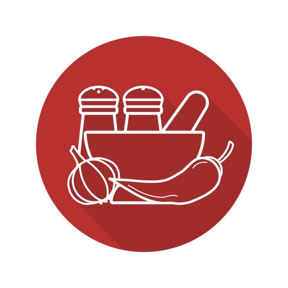 Spices flat linear long shadow icon. Salt and pepper shakers, garlic, chili, mortar and pestle. Vector line symbol