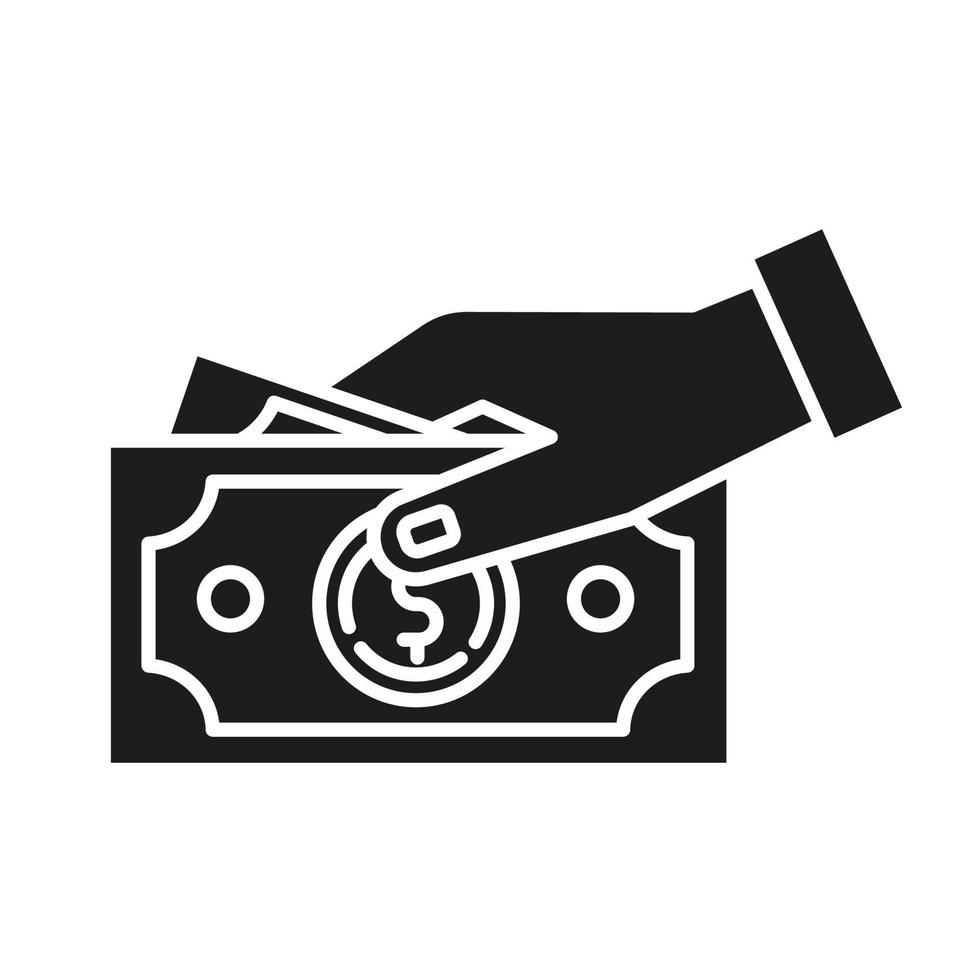 Payment by cash glyph icon. Hand holding dollars banknotes. Money turnover. Customer paying for products. Bribery and corruption. Silhouette symbol. Negative space. Vector isolated illustration