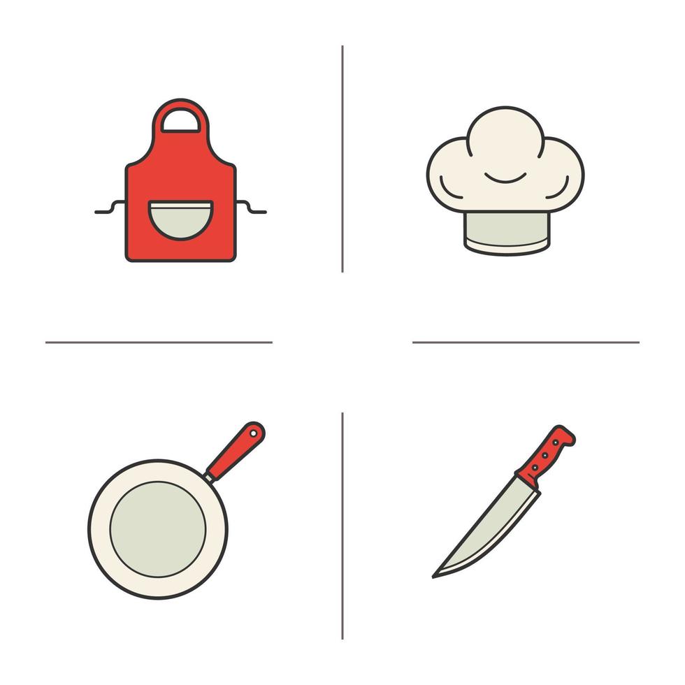 Chef's equipment color icons set. Cooking items. Toque, apron, frying pan, knife. Isolated vector illustrations