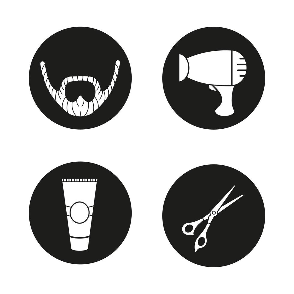 conjunto de iconos de barbería. barba, secador de pelo, tubo para después del afeitado, tijeras. ilustraciones de siluetas blancas vectoriales en círculos negros vector