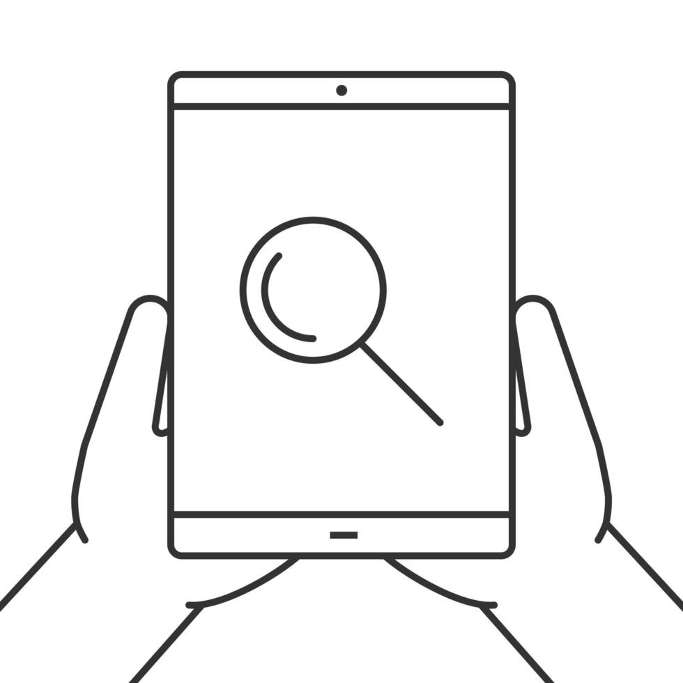 Hands holding tablet computer linear icon. Searching. Thin line illustration. Tablet computer with magnifying glass. Contour symbol. Vector isolated outline drawing