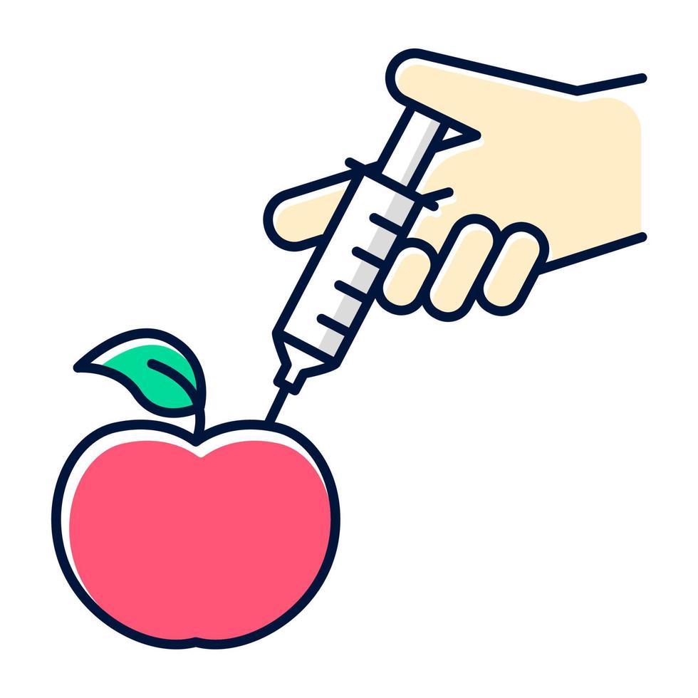 Red apple with syringe color icon. Genetically modified food, fruits. Organic chemistry. DNA modification. Changing product genome. Agricultural modern technologies. Isolated vector illustration