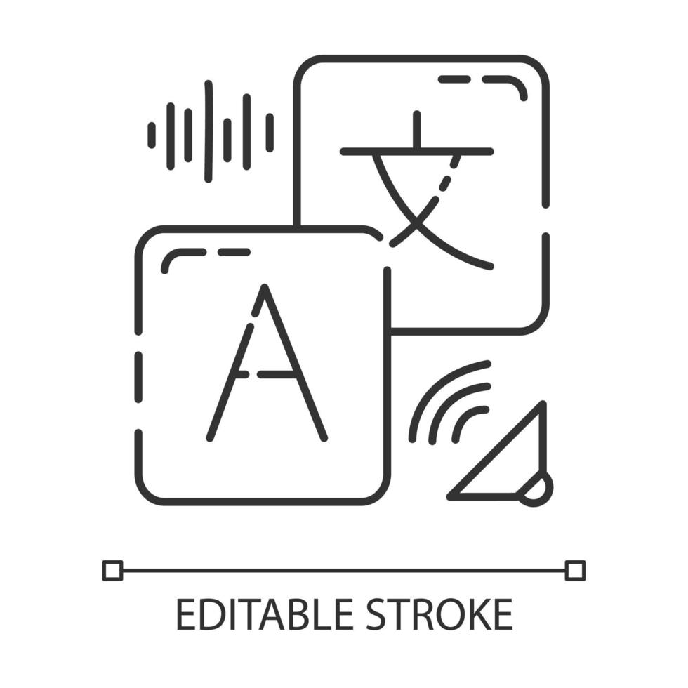 icono lineal de servicios de traducción. traducción de audio instantánea. diccionario en línea. pronunciación audible. Ilustración de línea fina. símbolo de contorno. dibujo de contorno aislado vectorial. trazo editable vector