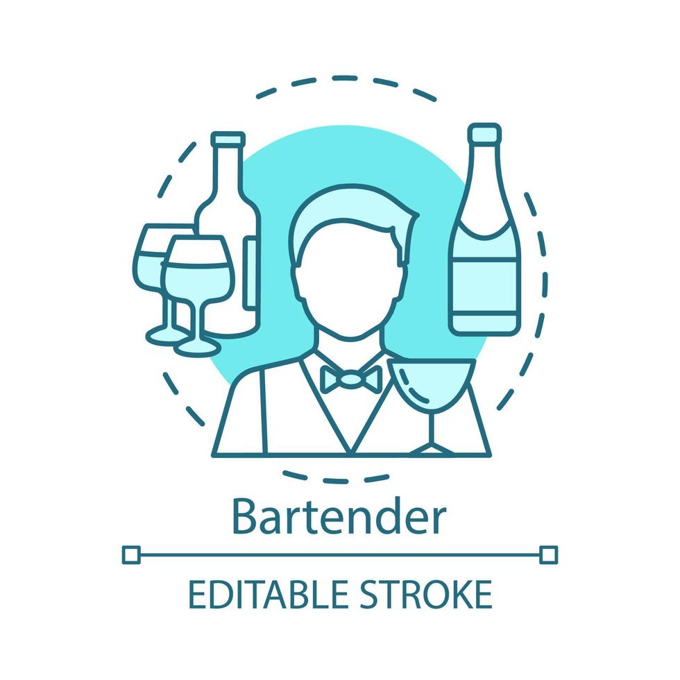 Bartender concept icon. Barman, barkeeper idea thin line illustration. Restaurant, bar staff. Catering business. Wine, alcoholic beverage in bottle. Vector isolated outline drawing. Editable stroke