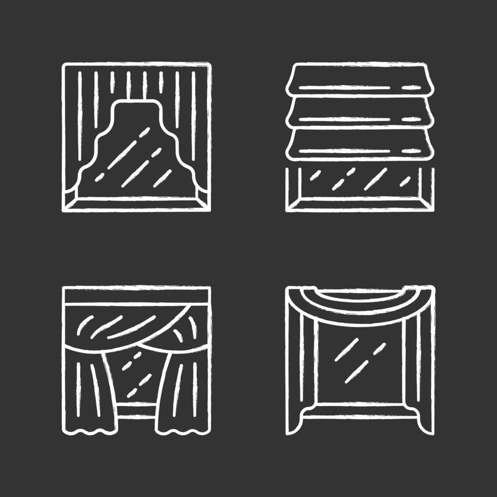 Window drapes chalk icons set. Roman shades, swags, priscilla curtains, window scarf. Home interior decor. Kitchen, bedroom, living room decoration. Isolated vector chalkboard illustrations