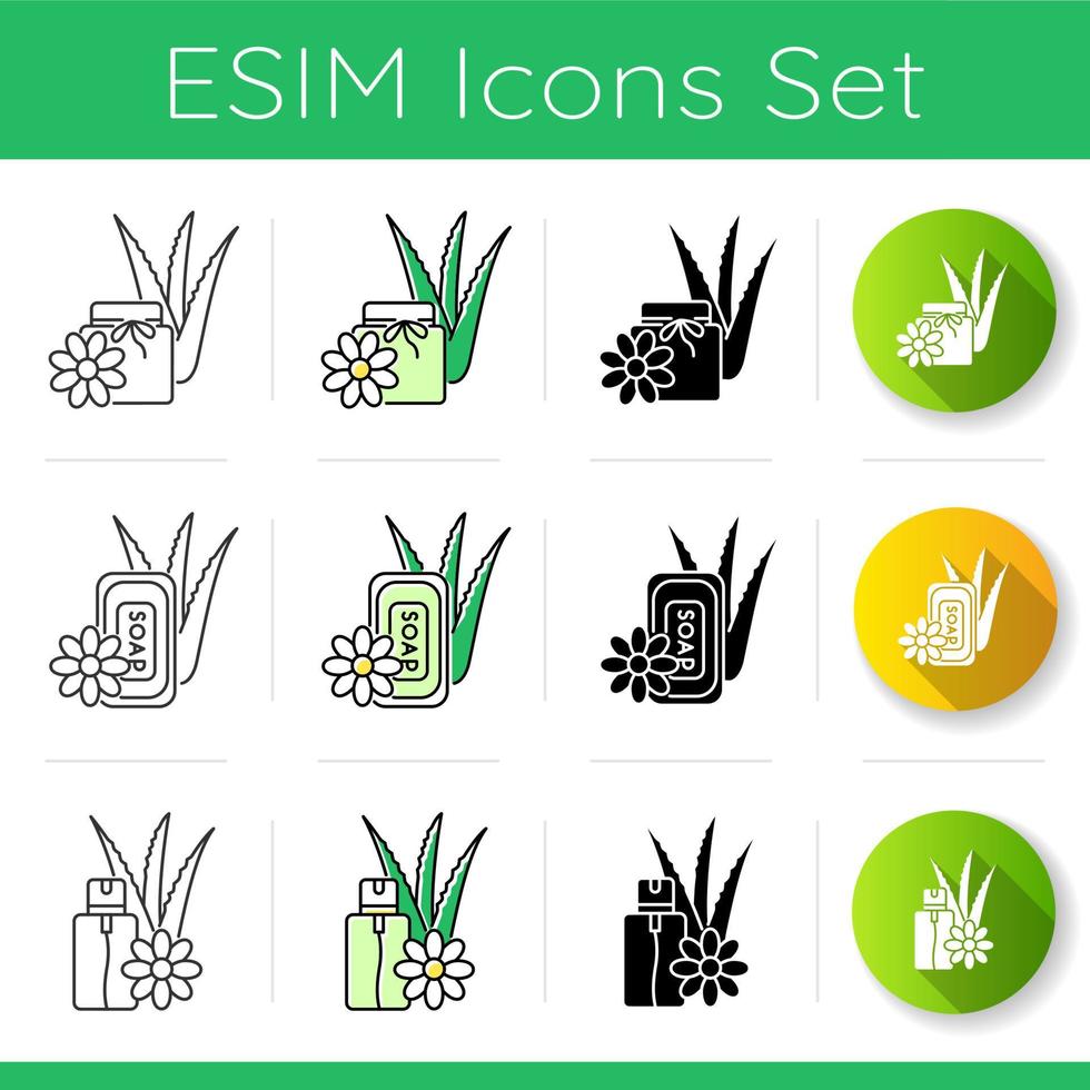 Aloe vera icons set. Cream with floral extract. Organic lotion with aloe vera. Bathing soap. Sprayer with liquid. Medicinal herbs. Linear, black and RGB color styles. Isolated vector illustrations