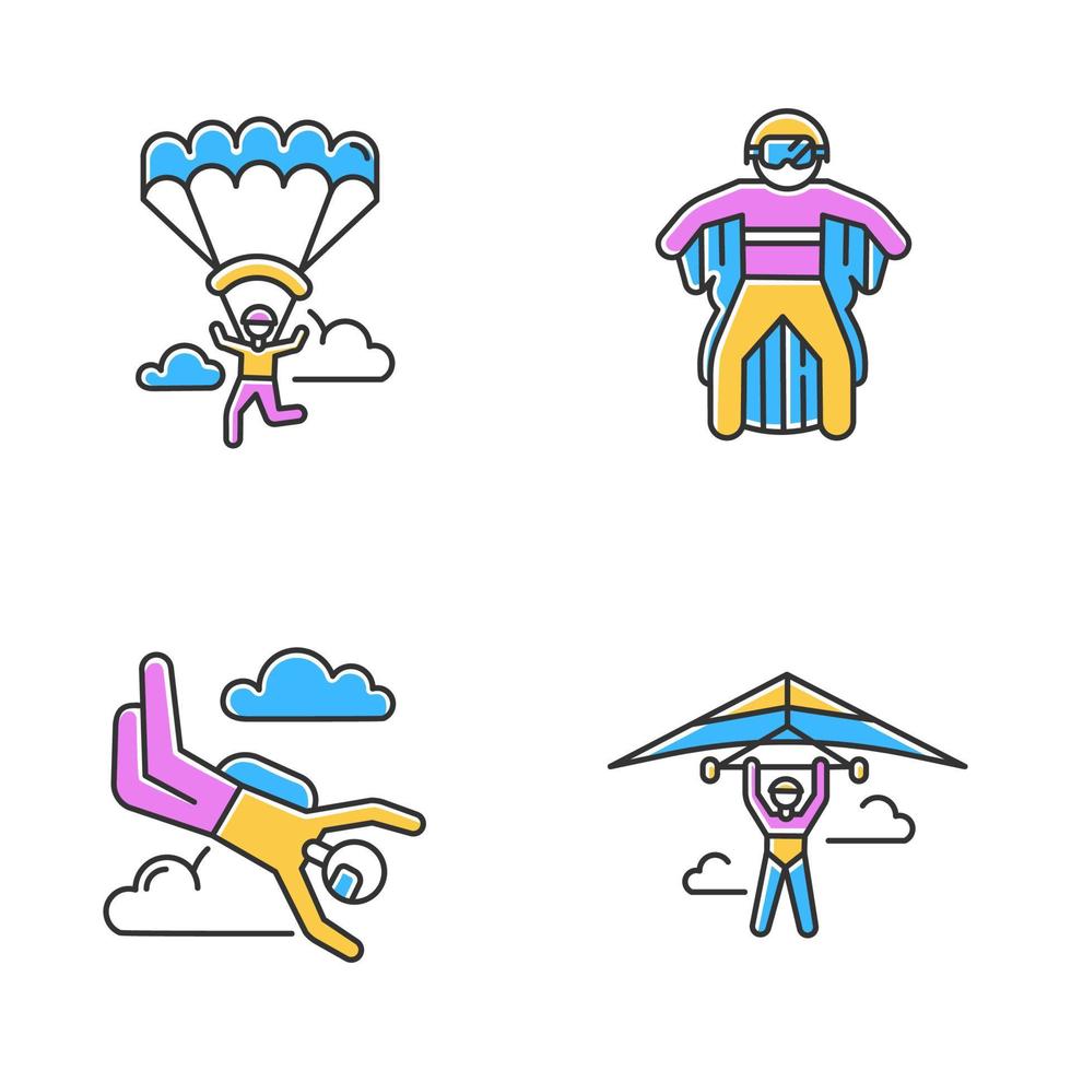 Air extreme sports color icons set. Hang gliding, skydiving, wing suiting and paragliding. Outdoor activities. Adrenaline entertainment and risky recreation. Isolated vector illustrations