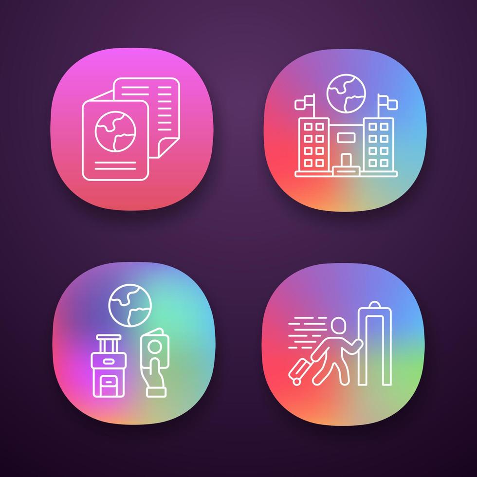 Immigration app icons set. Consulate building. Travel documents, security check. Trip equipment. Refugee, immigrant. Web or mobile applications. Vector isolated illustrations