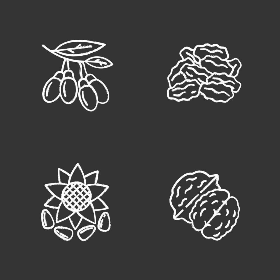 Spices chalk icons set. Sunflower seeds, raisins, goji berries, walnut. Isolated vector chalkboard illustrations