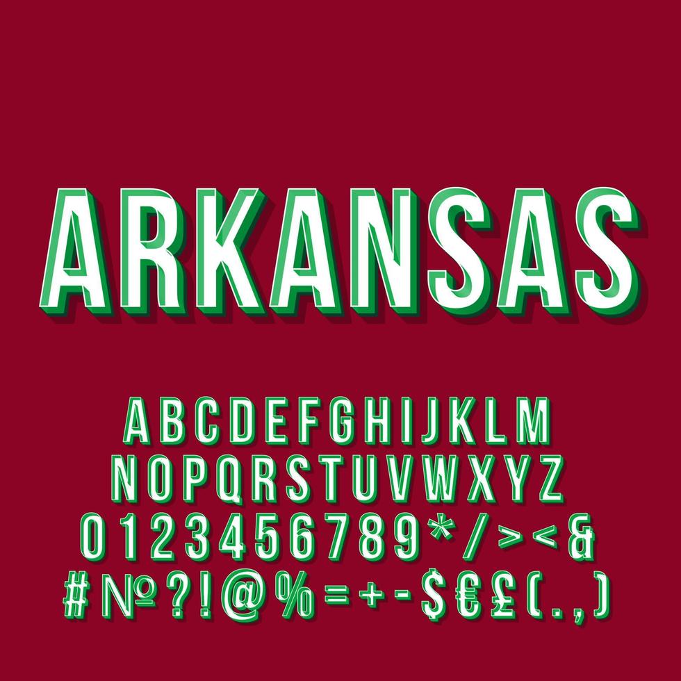 arkansas vintage 3d vector letras. fuente en negrita retro, tipografía. texto estilizado del arte pop. Números de letras de estilo de la vieja escuela, símbolos, paquete de elementos. Cartel de los 90, 80, pancarta. fondo de color burdeos