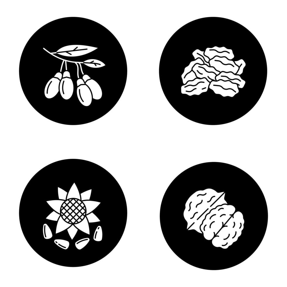 Spices glyph icons set. Sunflower seeds, raisins, goji berries, walnut. Vector white silhouettes illustrations in black circles