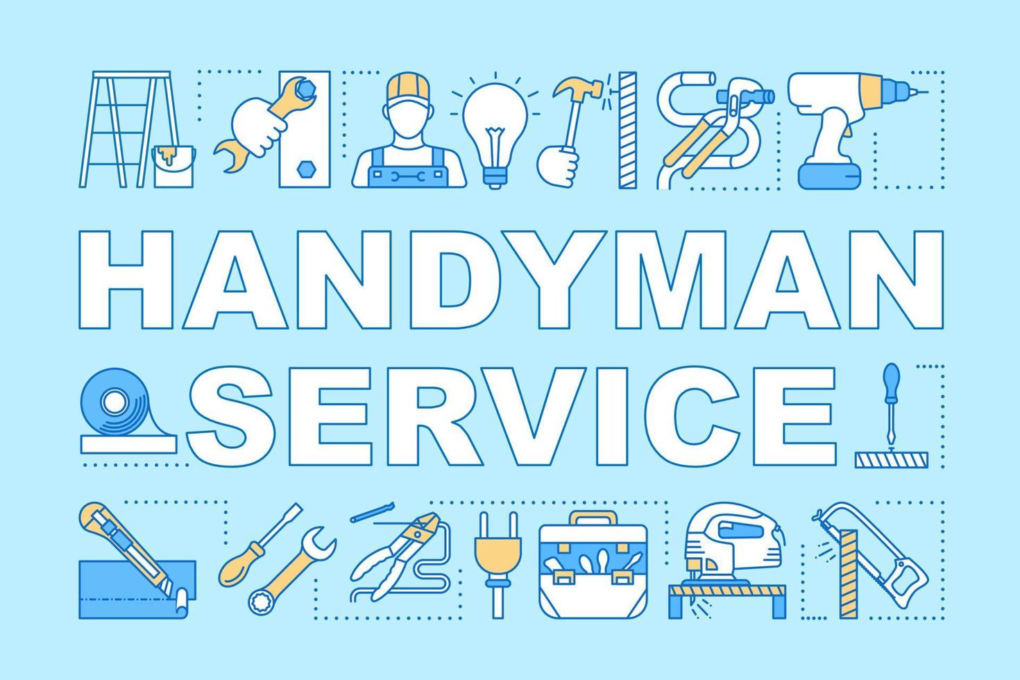 Handyman service word concepts banner. Home repair. Broken things fix. House maintenance. Presentation, website. Isolated lettering typography idea with linear icons. Vector outline illustration