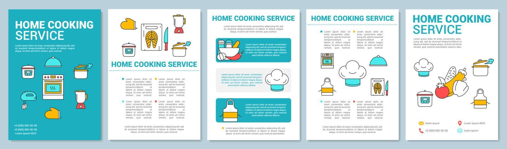 Diseño de plantilla de folleto de servicio de cocina casera. cocinar comida. folleto, folleto, diseño de impresión de folletos con ilustraciones lineales. chef personal. diseños de páginas vectoriales para informes anuales, carteles publicitarios vector