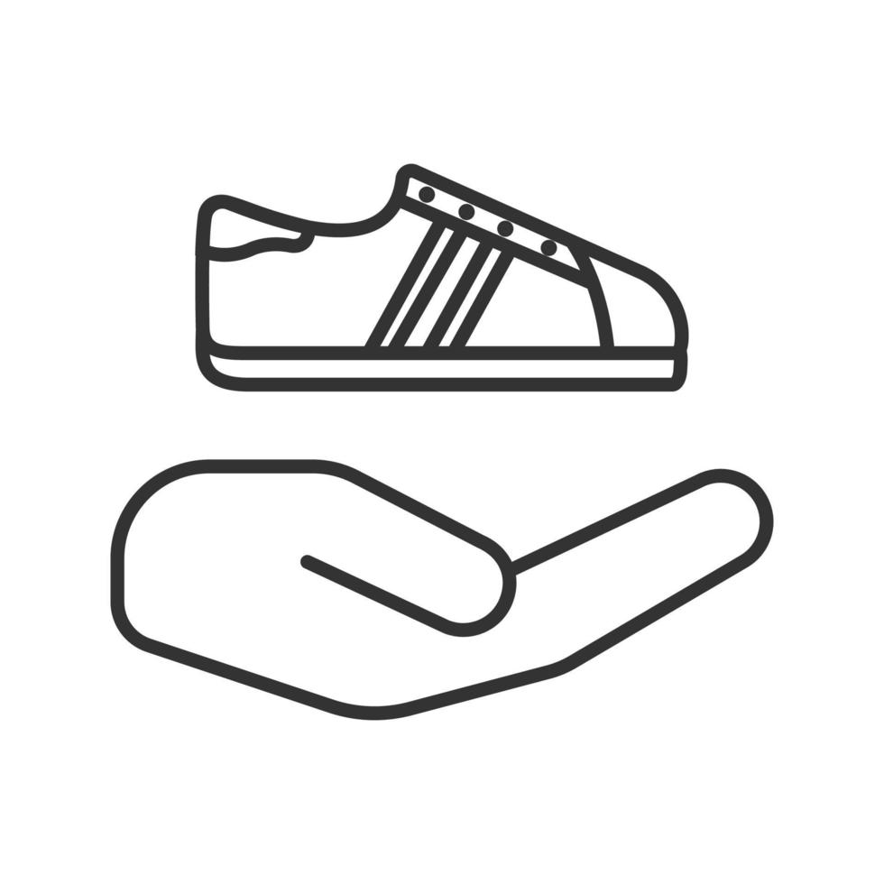 Open hand with sneaker linear icon. Thin line illustration. Shoes store. Contour symbol. Vector isolated outline drawing