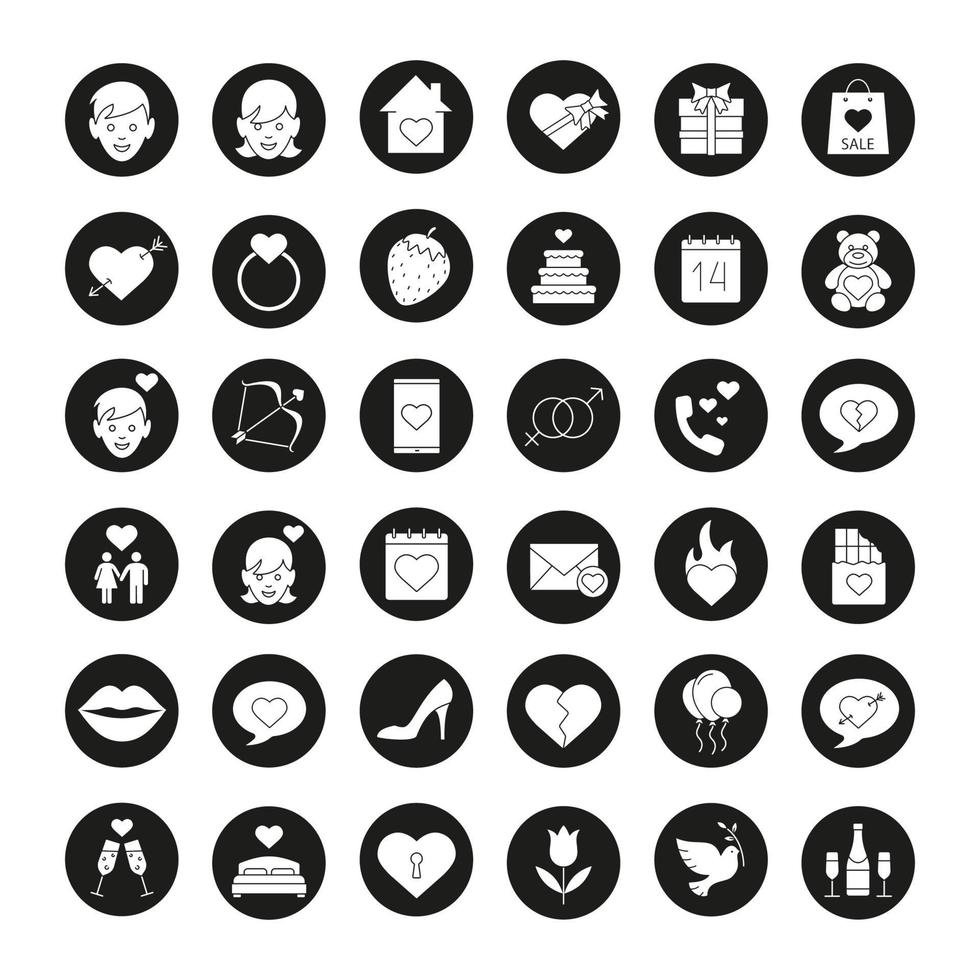 Valentine's Day icons set. Amour arrow and bow, teddy bear, present, man and woman, champagne, chatting, lovers bed, heart, 14 February. Vector white silhouettes illustrations in black circles