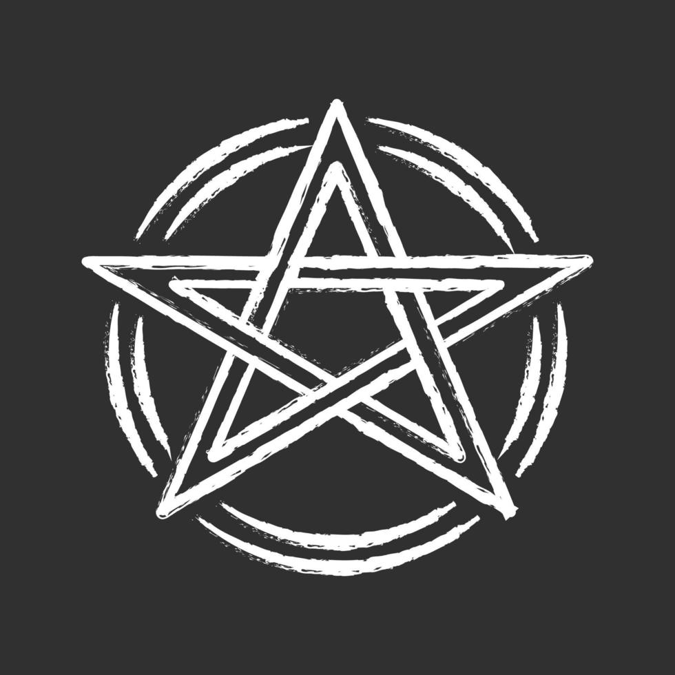 Pentagram chalk icon. Occult ritual pentacle. Devil star. Satanic cult, wiccan and pagan symbol. Witchcraft, esoteric and diabolic sign. Mystic heptagram. Isolated vector chalkboard illustration