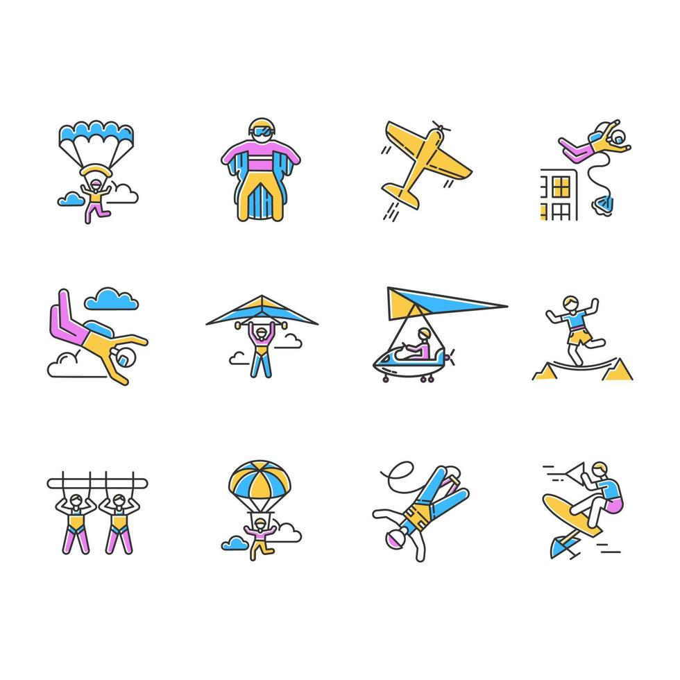 Air extreme sports color icons set. Skydiving, parachuting, wingsuiting. Outdoor activities. Paragliding, aerobatics and bungee jumping. Adrenaline entertainment. Isolated vector illustrations